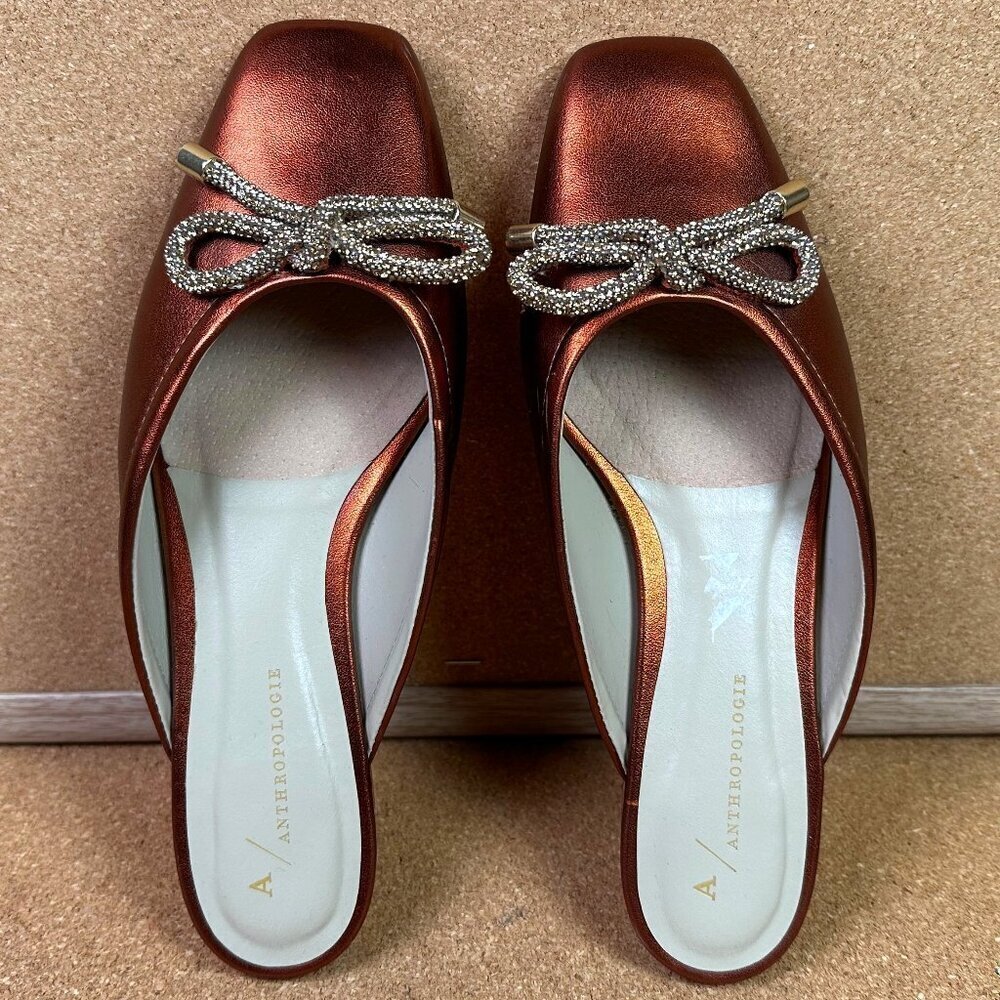 Anthropologie Ballet Flat Mules Square Toe Metallic Sparkle Bow Copper Sz 7.5